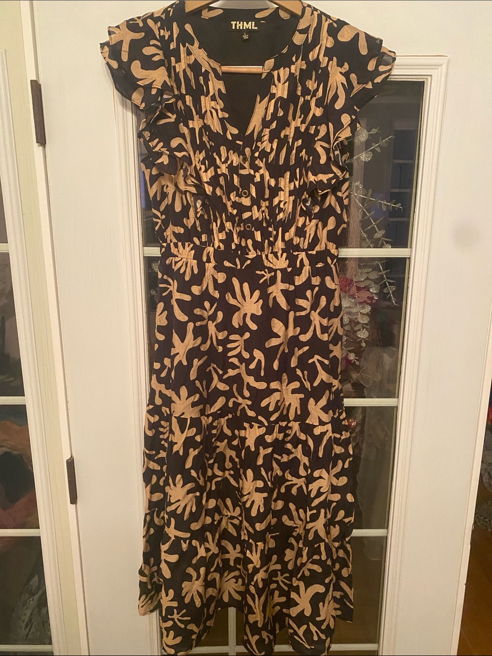 Anthropologie THML Black and Tan Printed Ruffle-Sleeve Midi Dress. Size Small.